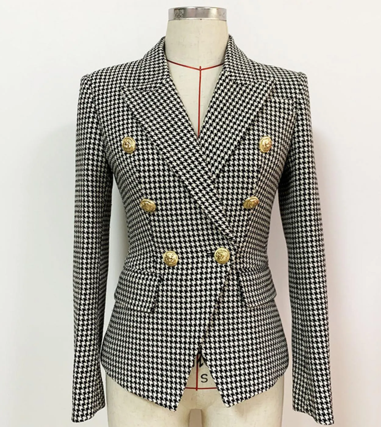 Giacche scozzesi Blazer Donna Doppiopetto Bottoni dorati Nero Bianco Rosa Plaid Lana pied de poule Blazer da lavoro Primavera